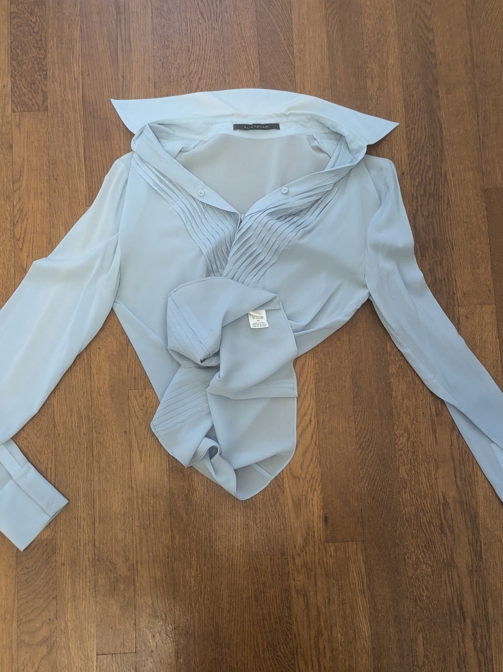 Elie Tahari Light Blue Pleated V-Neck Button-Down Shirt
